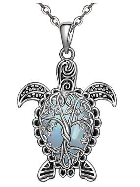 Necklace Sea Turtle Tree of Life Over-Lay on Moonstone 925 Steeling Silver